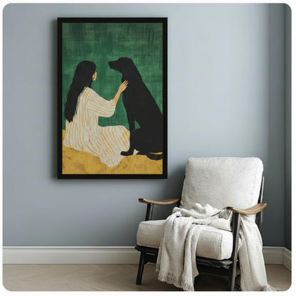 Black framed modern minimalist oil painting long-haired woman in striped cream dress seated beside black Labrador retriever on rich emerald green textured background with warm ochre ground canvas print beside white linen armchair on blue-grey wall - serene woman and black dog companionship wall art for reading nook decor