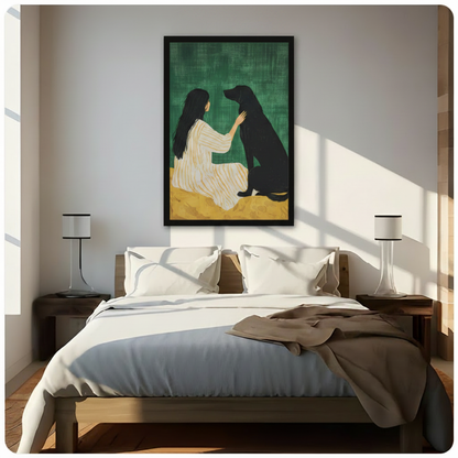 Framed modern minimalist oil painting long-haired woman in striped cream dress seated beside black Labrador retriever on rich emerald green textured background with warm ochre ground canvas print above wooden bed in sunlit minimalist bedroom with twin table lamps - serene woman and black dog companionship wall art for contemporary bedroom home decor