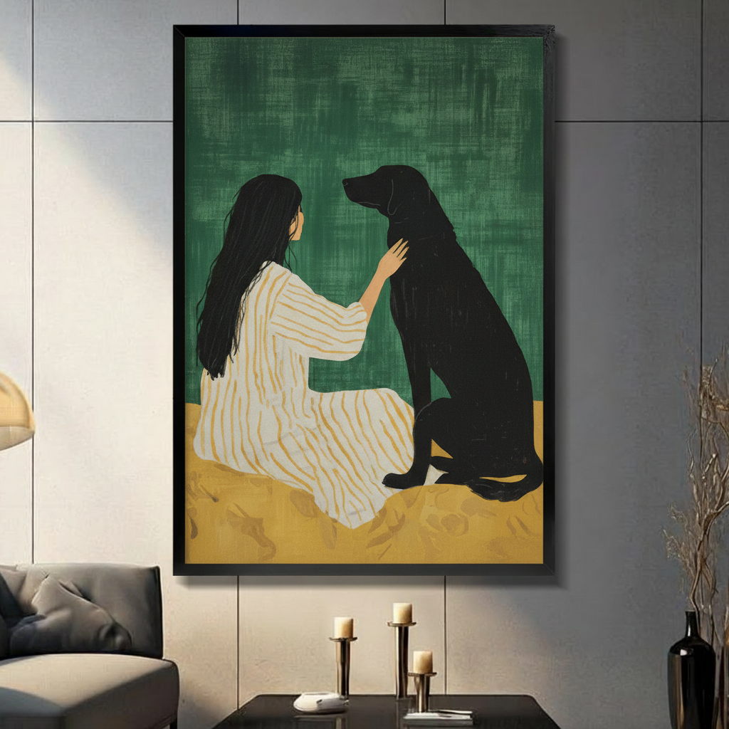Framed modern minimalist oil painting dark-haired woman in white gold striped dress sitting and gently touching black Labrador dog on deep green textured background with golden ochre ground canvas print on light grey tile wall in modern living room - intimate woman and black dog bond wall art for contemporary home decor