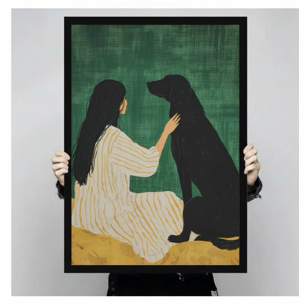 Person holding large framed modern minimalist oil painting dark-haired woman in white gold striped dress sitting and gently touching black Labrador dog on deep green textured background with golden ochre ground canvas print with both hands - close up view of intimate woman and black dog bond wall art with black frame finish