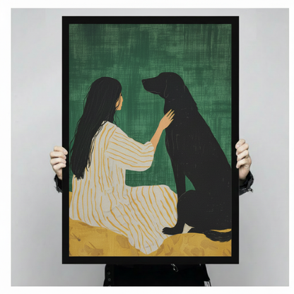Person holding large framed modern minimalist oil painting dark-haired woman in white gold striped dress sitting and gently touching black Labrador dog on deep green textured background with golden ochre ground canvas print with both hands - close up view of intimate woman and black dog bond wall art with black frame finish