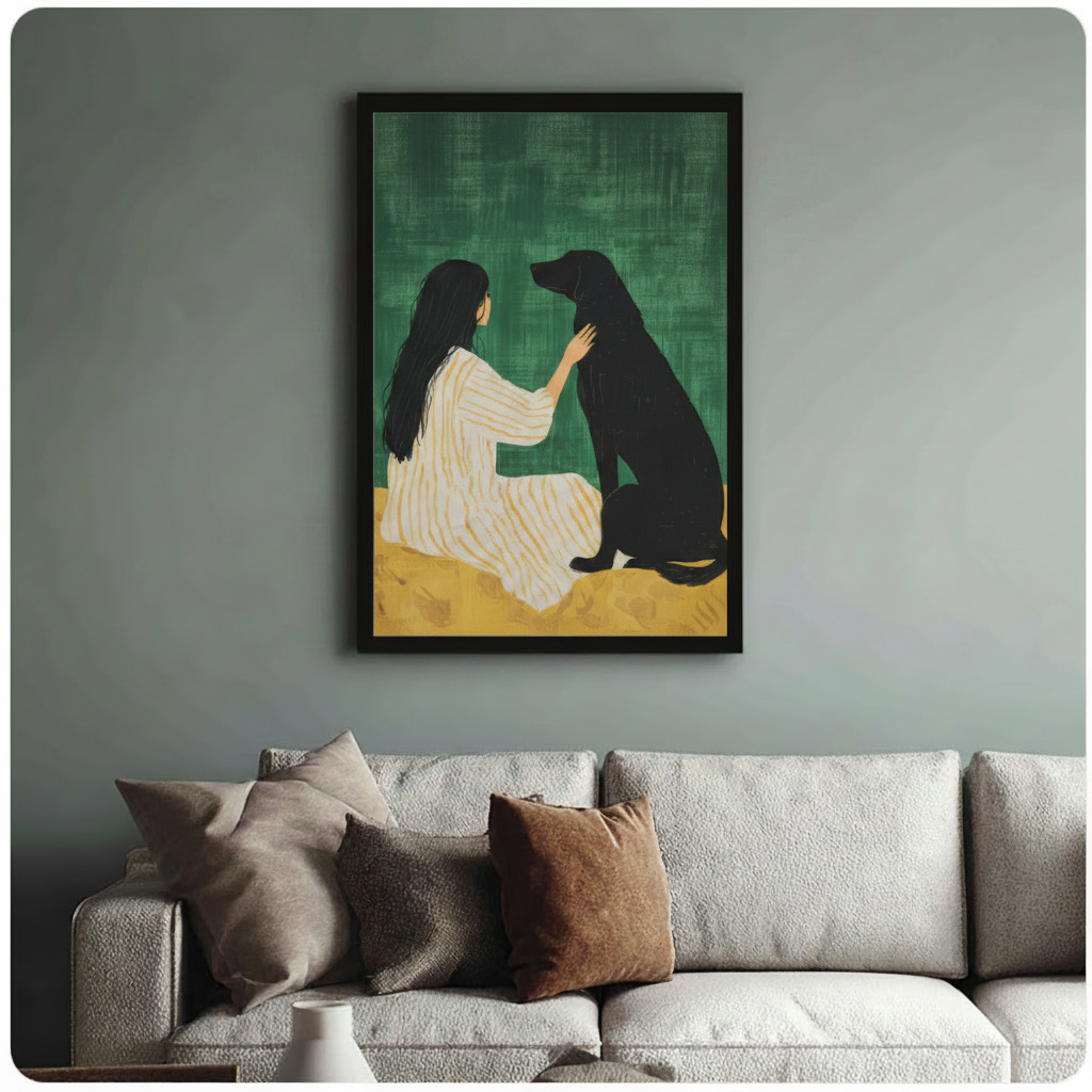 Framed modern minimalist oil painting dark-haired woman in white gold striped dress sitting and gently touching black Labrador dog on deep green textured background with golden ochre ground canvas print above cream sofa on sage blue-grey wall - intimate woman and black dog bond wall art for stylish living room decor