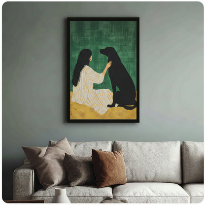 Framed modern minimalist oil painting dark-haired woman in white gold striped dress sitting and gently touching black Labrador dog on deep green textured background with golden ochre ground canvas print above cream sofa on sage blue-grey wall - intimate woman and black dog bond wall art for stylish living room decor
