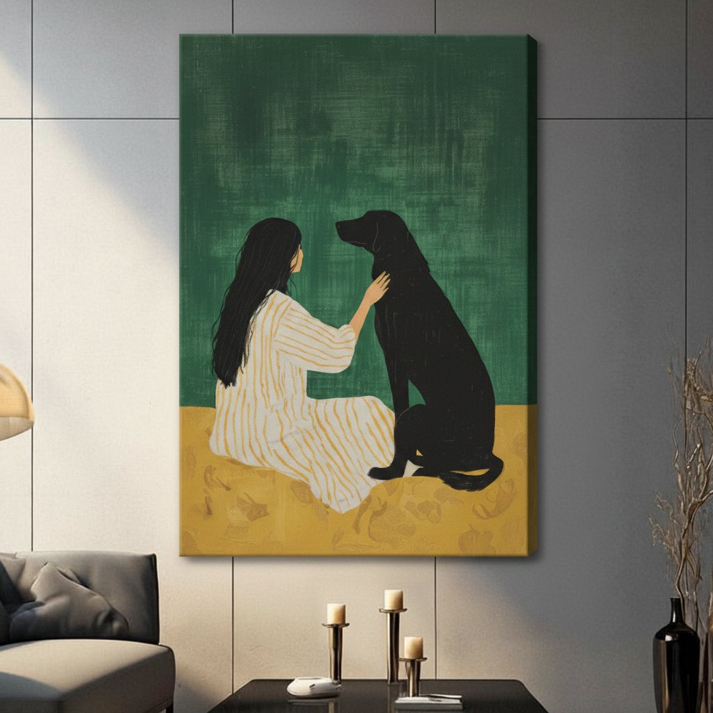Unframed modern minimalist oil painting long-haired woman in striped cream dress seated beside black Labrador retriever on rich emerald green textured background with warm ochre ground canvas print on light grey tile wall in contemporary living room - serene woman and black dog companionship wall art for modern interior decor