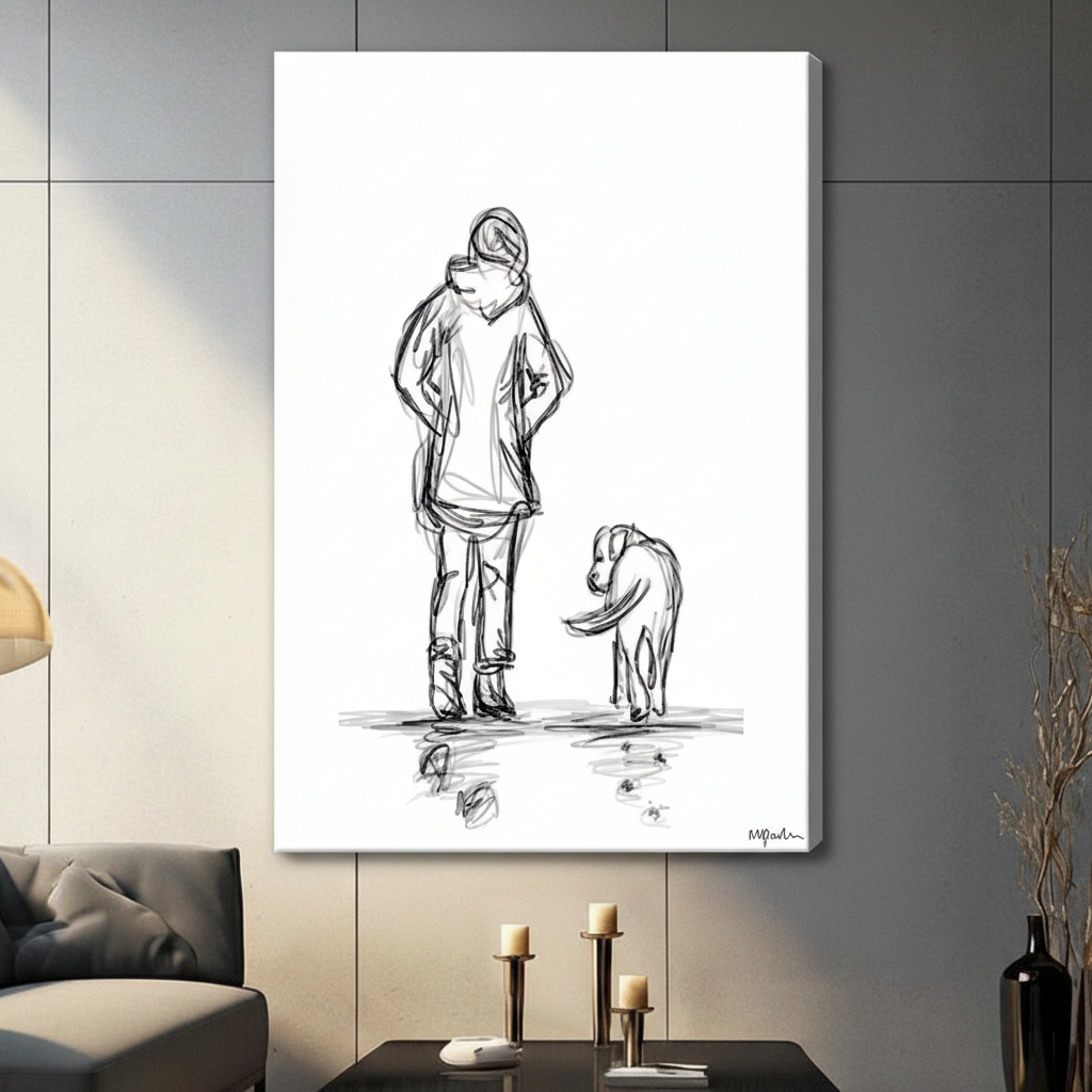 Gallery-wrap canvas of a woman and dog minimalist line art sketch hung on a grey wall in a contemporary living room with candlestick decor