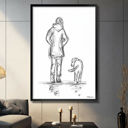 Black framed minimalist pencil sketch of a woman standing with her dog, displayed on a grey panelled wall in a modern living room