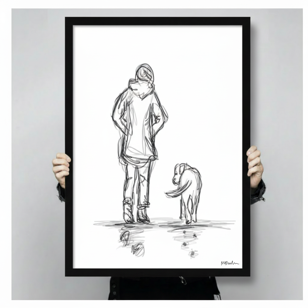 Two hands holding a black framed woman and dog pencil sketch print, clearly showing print dimensions, frame depth, and line art detail