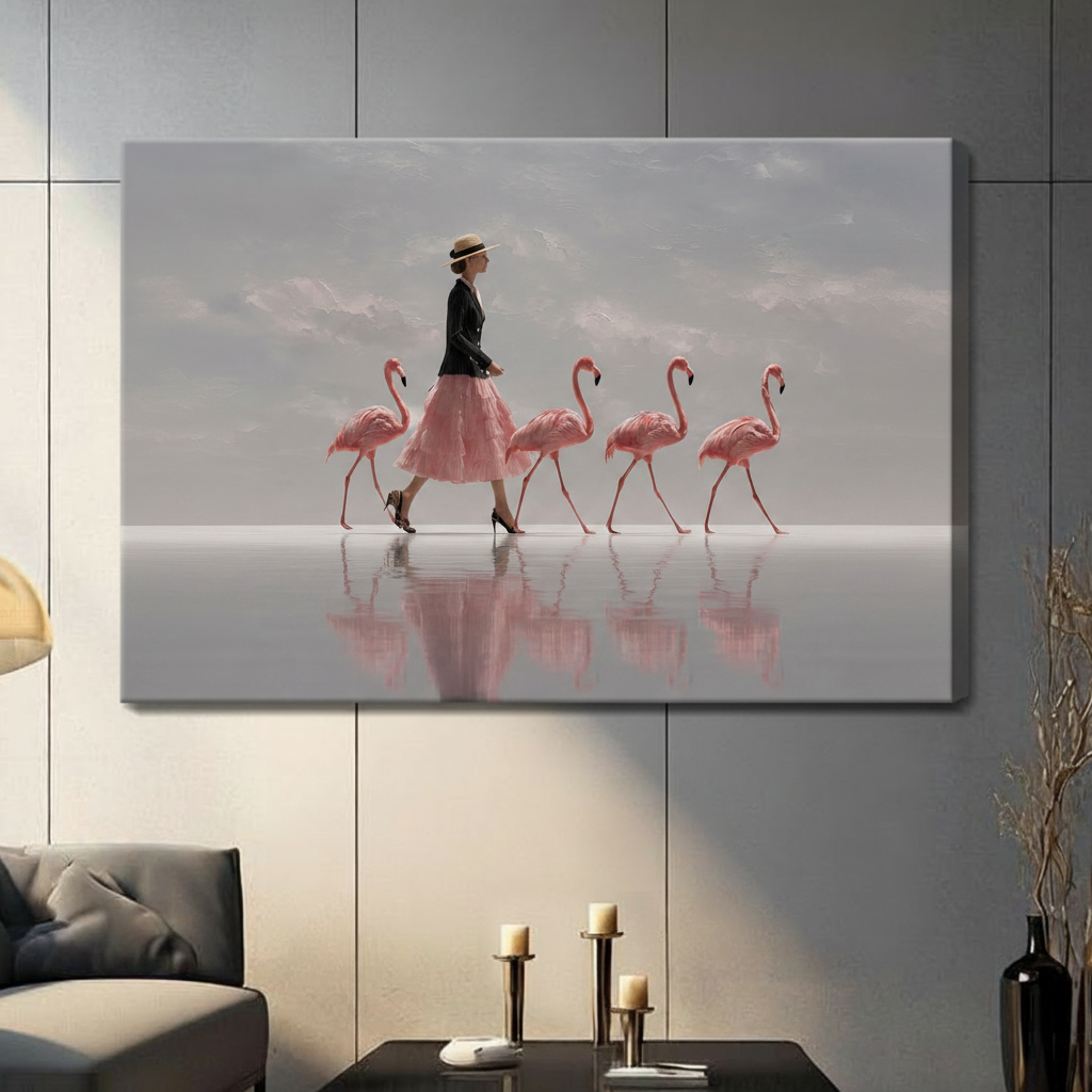 Frameless canvas print of a stylish woman in heels and pink skirt striding in sync with four flamingos across a calm reflective lake under a soft grey sky, hung on a living room wall