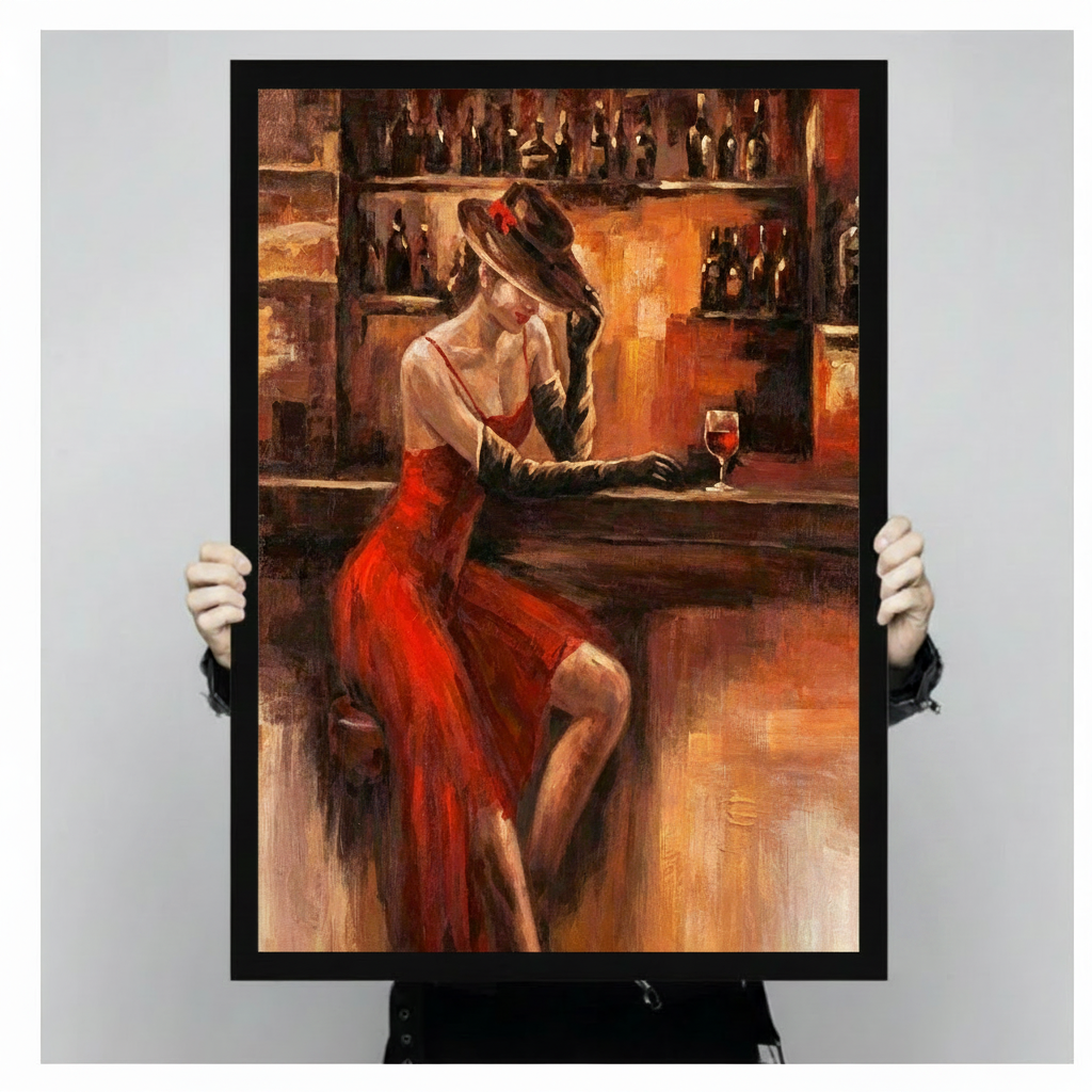 Woman in red dress at bar oil painting, black framed canvas art held by hands