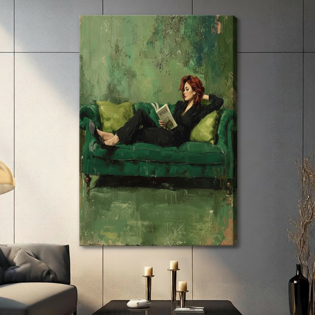 Gallery wrap stretched canvas of an elegant red-haired woman in a black blazer lounging on a tufted emerald velvet sofa absorbed in a book with chartreuse pillows against a richly textured dark green impasto background hung frameless on a gray wall