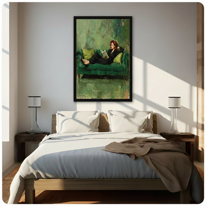 Black framed elegant red-haired woman in black blazer reclining on a lush emerald velvet sofa reading a book dark academia oil painting canvas wall art hung in warm diagonal sunlight above a dark wood bed with crisp white linen bedding and matching wood nightstands
