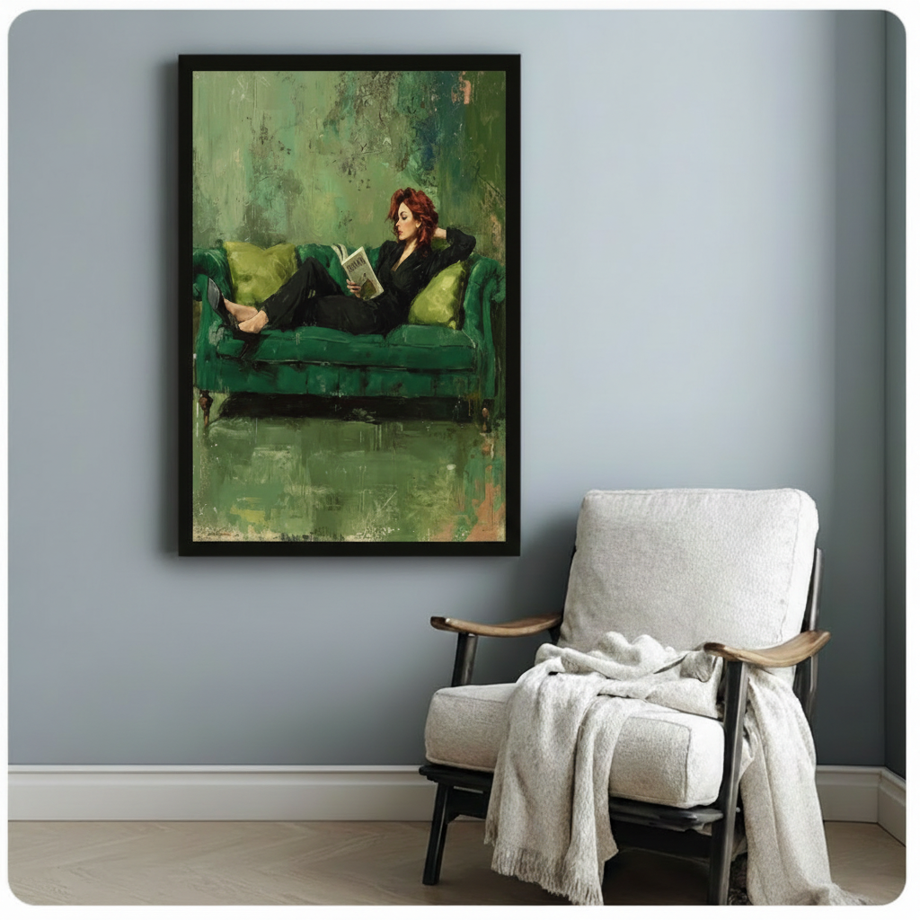Black framed sophisticated dark academia woman with curly red hair in black outfit reclining on a jewel-toned green velvet sofa reading a book oil painting canvas print with aged emerald background hung on a soft blue-gray wall beside a white linen folding chair with cream throw