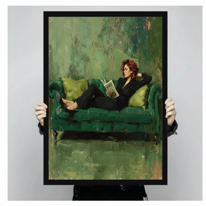 Two hands in black jacket sleeves holding a large black framed dark academia red-haired woman in black suit lounging on an emerald green Chesterfield sofa with a book impressionist oil painting canvas art print with distressed green background, front-facing vertical size display