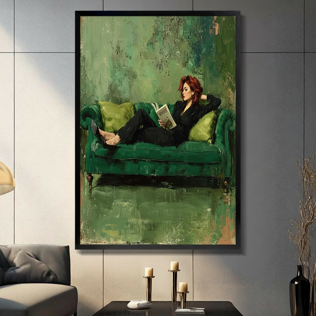 Black framed dark academia red-haired woman in black suit reclining on an emerald green velvet Chesterfield sofa reading a book impressionist oil painting canvas wall art with distressed green background displayed in a modern gray living room with dark sofa and black candlesticks
