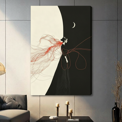 Minimal illustration of a woman in black with flowing red threads and a crescent moon stretched canvas dark panel wall living room