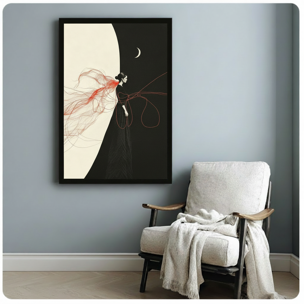 Minimal illustration of a woman in black with flowing red threads and a crescent moon framed print beside armchair blue-gray wall