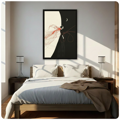 Minimal illustration of a woman in black with flowing red threads and a crescent moon framed print above bed sunlit bedroom