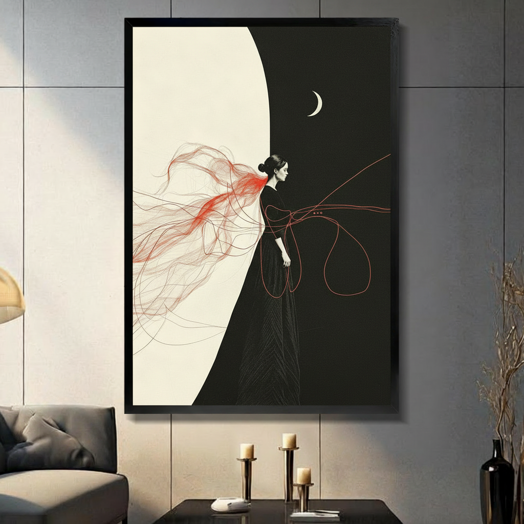 Minimal illustration of a woman in black with flowing red threads and a crescent moon framed print dark panel wall living room