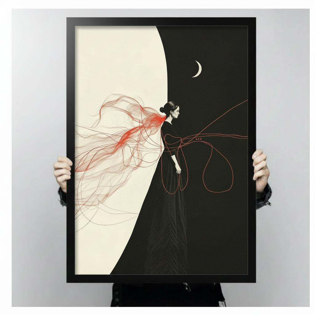 Minimal illustration of a woman in black with flowing red threads and a crescent moon framed print held up