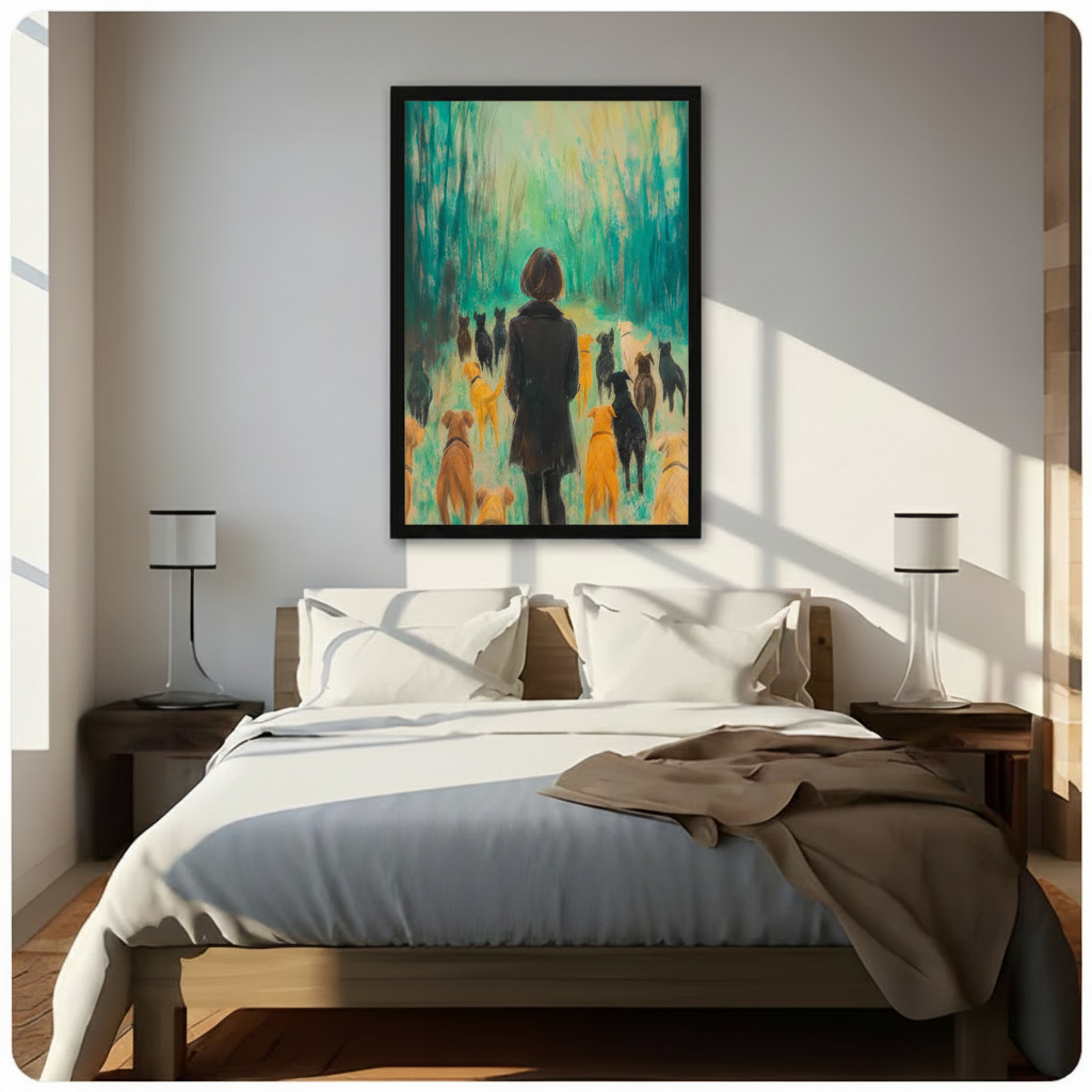 Framed woman and pack of golden black dogs in teal forest impressionist oil painting above wooden bed in sunlit modern bedroom – dreamy nature dog canvas wall art for bedroom decor