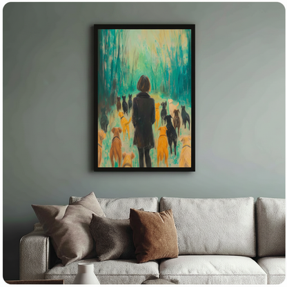 Framed woman in teal forest surrounded by golden and black dogs impressionist oil painting above cream sofa on sage blue-grey wall – dreamy nature dog lover wall art for living room decor