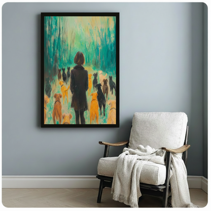 Woman and dog pack teal forest framed impressionist canvas beside wooden armchair with white throw on pale blue wall – atmospheric golden black dog nature painting for reading nook