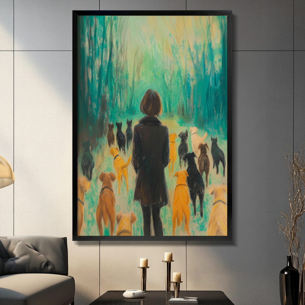 Woman back view surrounded by golden and black dogs in teal forest impressionist oil painting in black frame on dark grey panel wall – dreamy dog lover canvas wall art for living room