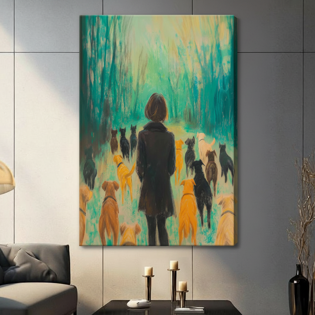 Frameless woman surrounded by pack of golden and black dogs in teal forest impressionist oil painting on dark grey panel wall – atmospheric dog lover canvas print for contemporary living room