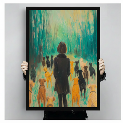 Hands holding framed woman surrounded by golden and black dogs in teal forest impressionist oil painting canvas – dreamy dog lover nature wall art size reference display