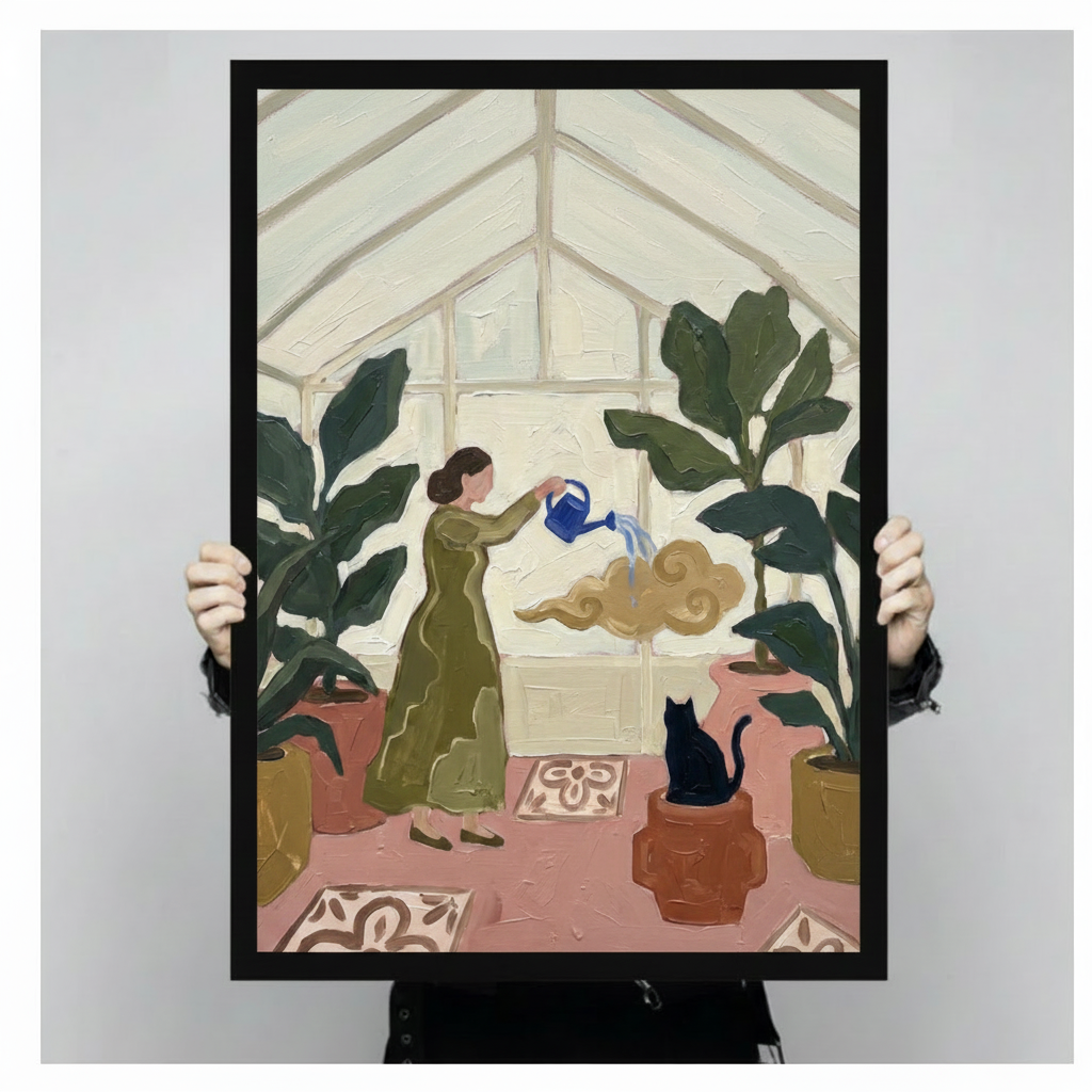 Woman watering greenhouse plants with black cat and golden cloud framed canvas displayed above bed in sunlit neutral bedroom - whimsical boho botanical oil painting wall art with warm olive green pink terracotta and cream tones for cozy elegant bedroom decor