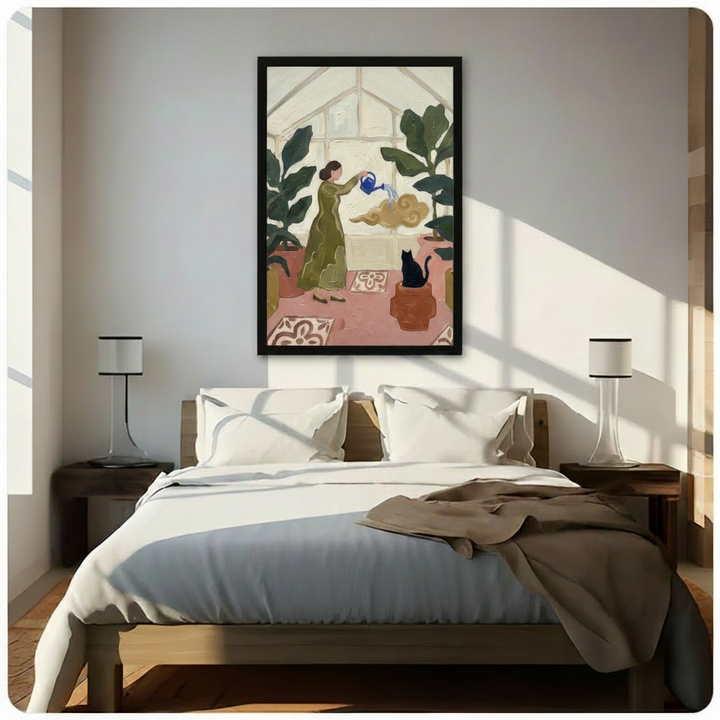 Woman watering greenhouse plants with black cat and golden cloud framed canvas displayed above bed in sunlit neutral bedroom - whimsical boho botanical oil painting wall art with warm olive green pink terracotta and cream tones for cozy elegant bedroom decor