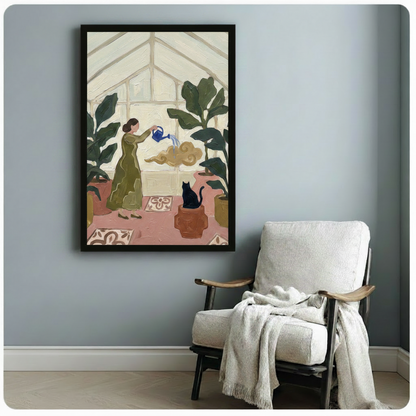 Woman watering greenhouse plants with black cat and golden cloud framed art print beside white linen accent chair on blue grey wall - charming boho botanical canvas wall decor with olive green dress fiddle leaf figs and warm pink terracotta palette