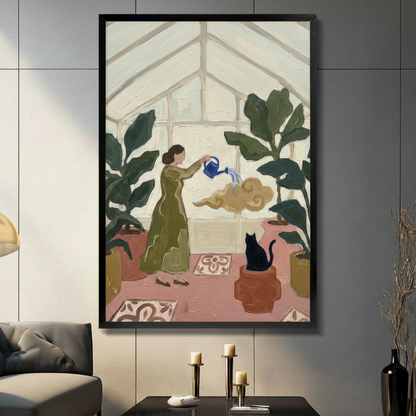 Woman in olive green dress watering plants in greenhouse with black cat sitting on terracotta pot and golden swirl cloud framed wall art - boho impasto oil painting canvas print with fiddle leaf fig plants pink tile floor and warm cream glass ceiling for living room decor
