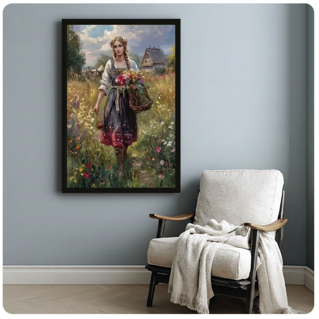 Woman wildflower canvas wall art beside a white armchair, depicting a woman in a flowing dress among colorful meadow flowers