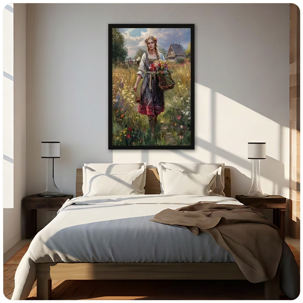 Woman wildflower canvas wall art above a bed, showing a flower-carrying woman walking through a sunlit countryside meadow