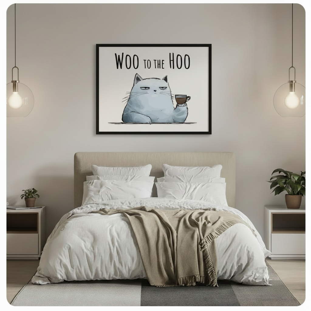 Woo to the Hoo grumpy cat coffee illustration framed art print above bed in minimalist neutral bedroom