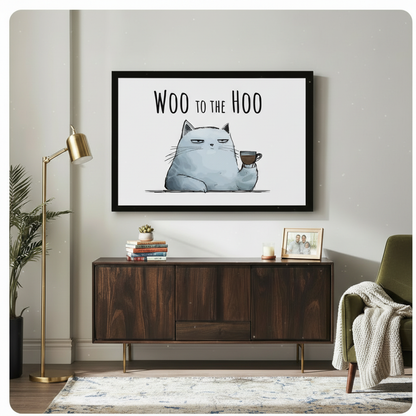 Woo to the Hoo grumpy cat holding coffee mug framed wall art print above wooden sideboard in mid-century modern living room