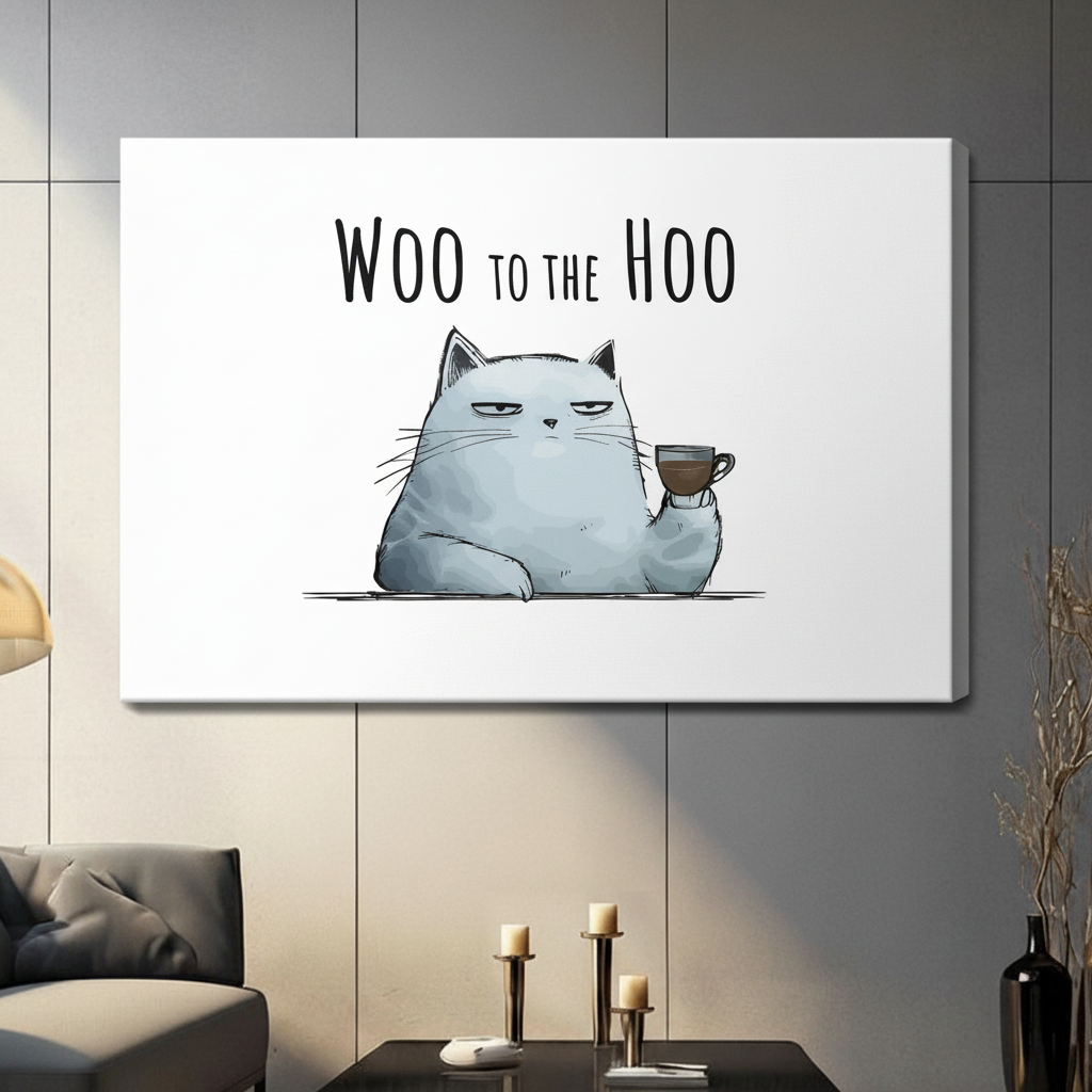 Woo to the Hoo humorous grumpy cat with espresso cup canvas wrap print displayed on grey living room wall