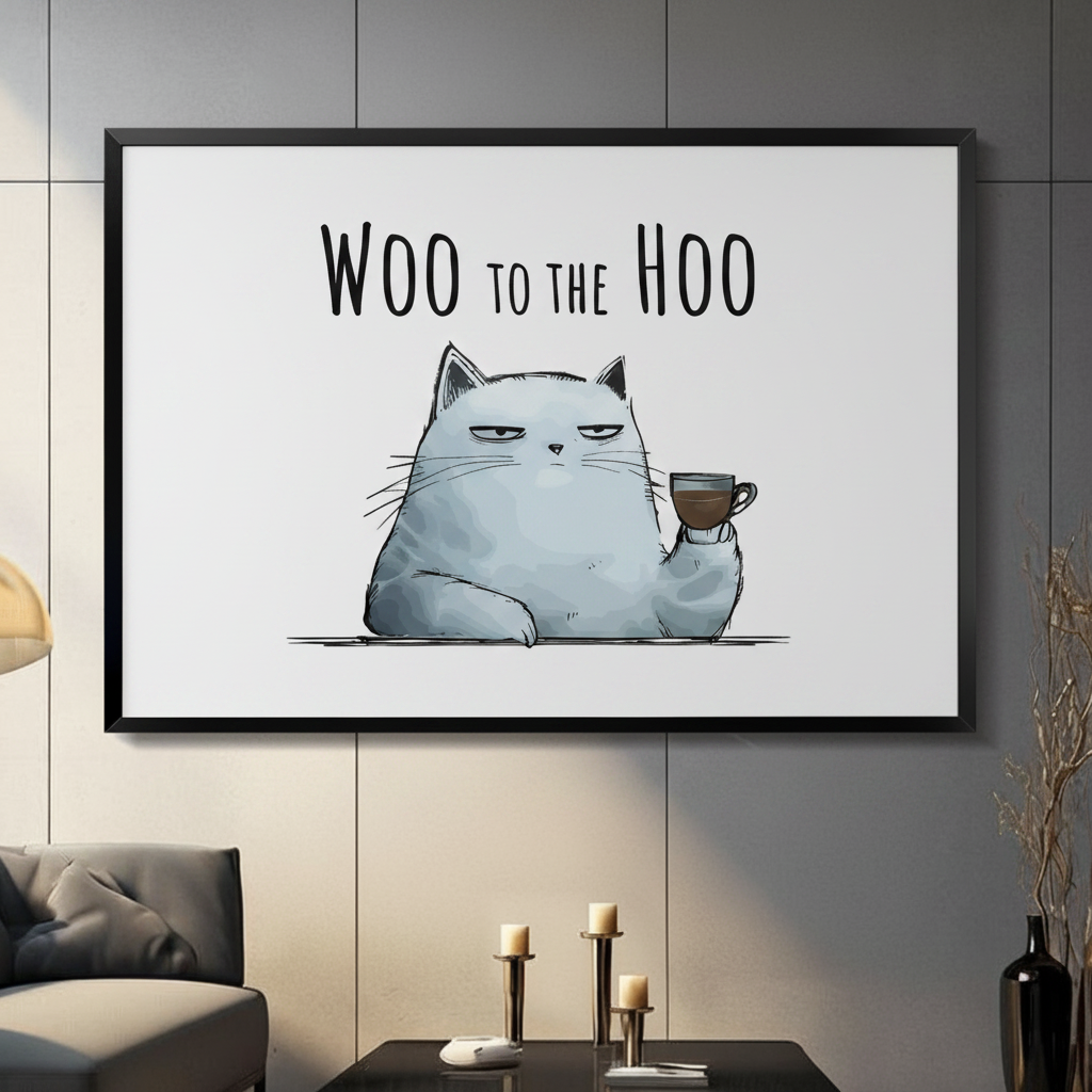Woo to the Hoo funny grumpy cat holding coffee cup black framed wall art print in modern living room