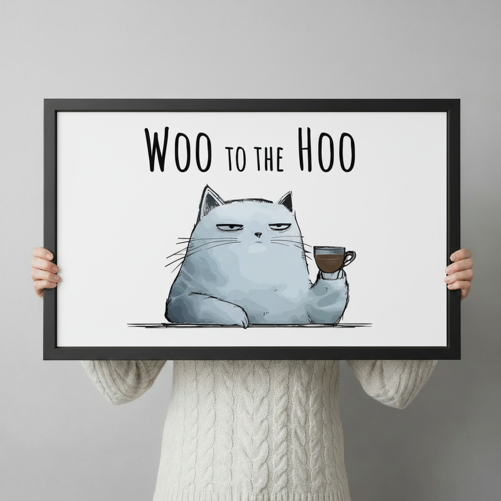 Person holding Woo to the Hoo grumpy cat coffee art black framed print showing size scale reference