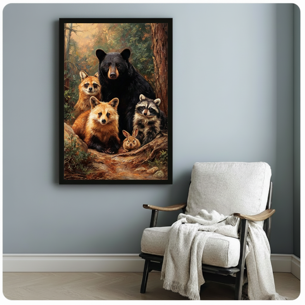 Framed woodland wildlife oil painting canvas print with bear, fox and raccoon in a forest setting, hanging on a light blue-gray wall beside a white linen armchair with a draped throw
