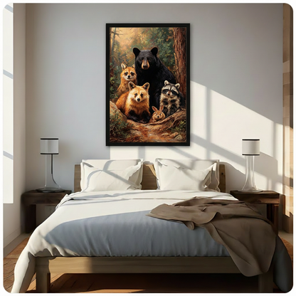 Woodland animals oil painting framed wall art above a modern bed with white linen bedding, dark wooden nightstands, white table lamps, and warm natural light streaming through windows