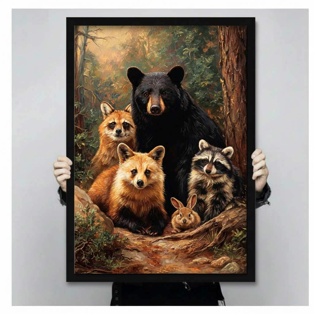 Forest animals framed canvas art held up against a light gray background, showcasing a detailed oil painting of black bear, golden fox, raccoon and rabbit among autumn trees