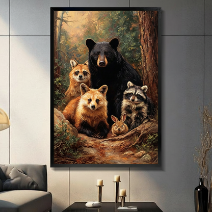 Woodland animals oil painting canvas wall art in a black frame, featuring bear, fox, raccoon and rabbit, displayed in a modern living room with gray tile walls and candle holders
