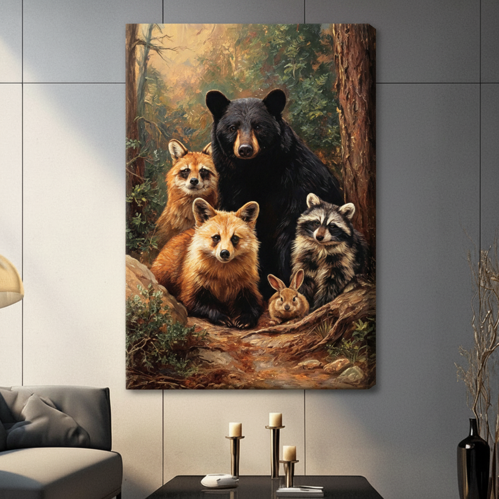 Gallery-wrapped forest animals canvas art with oil painting texture, showing black bear, two foxes, raccoon and bunny in an autumn woodland scene, hung unframed on a gray wall