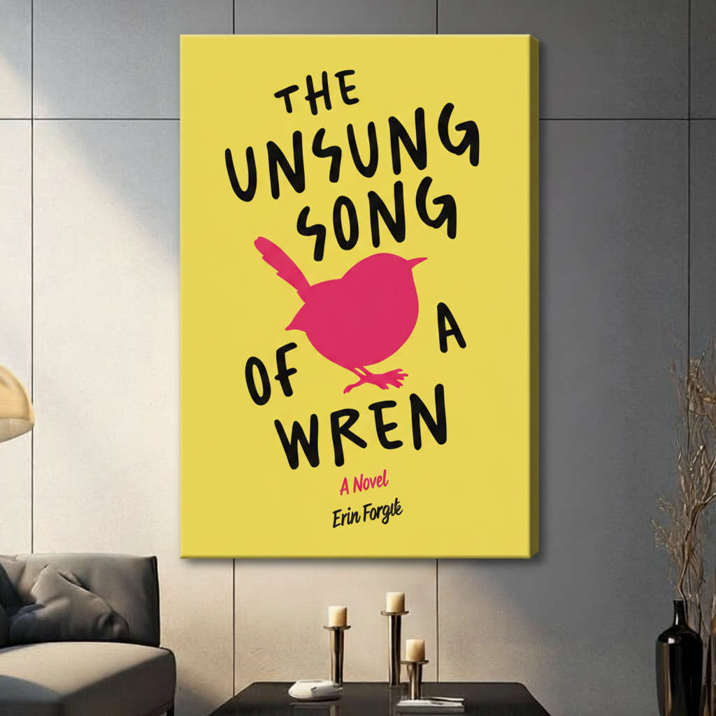 Gallery wrap stretched canvas of The Unsung Song of a Wren book cover art with yellow background and pink wren silhouette hung frameless on a dark gray wall above candlestick holders