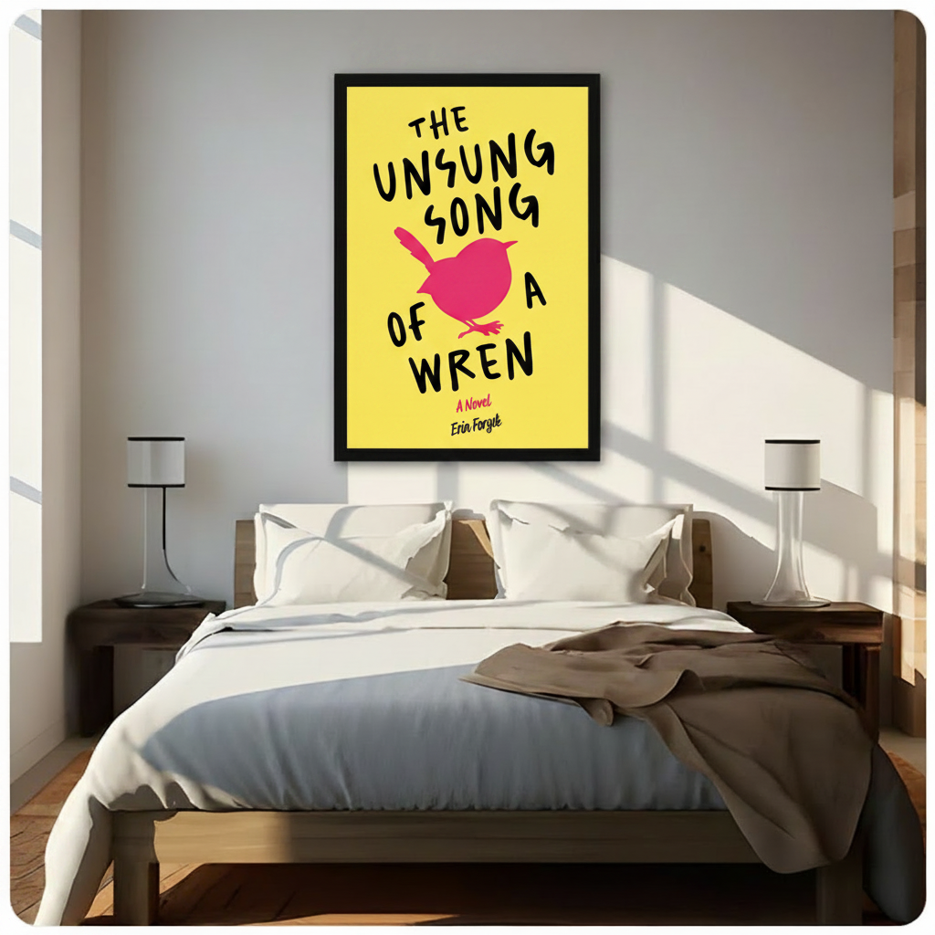 Black framed wren song literary typography wall art canvas with bold yellow and pink design hung above a dark wood bed with white linen bedding in a sunlit neutral bedroom