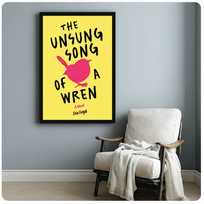 Black framed wren typography poster canvas print with bright yellow background hung on a soft blue-gray wall beside a white wood armchair with a cream knit throw blanket