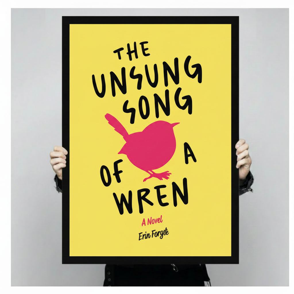Hands in black sleeves holding a large black framed Unsung Song of a Wren yellow typography canvas art print against a neutral gray background, front-facing product size display
