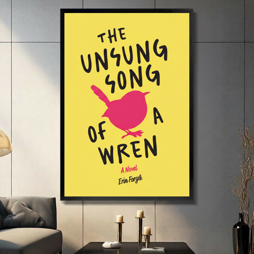 Black framed wren song typography canvas wall art with bold yellow background and pink bird silhouette displayed in a modern dark gray living room with candlesticks and black vase